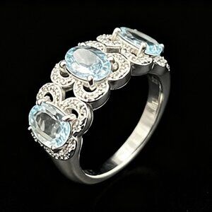 Blue Aquamarine and CZ Butterfly Ring Sterling Silver Size 7 Designer Signed